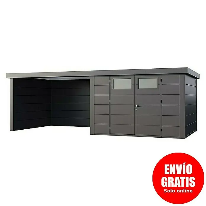 Telluria Caseta para jardín Classico 3330 con salón a la izquierda - Medidas ext. (An x Pr): 692 x 318 cm, Acero, Antracita, Sin set - Imagen de un cobertizo con anexo y puerta doble. Perfecto para suministros de jardín.