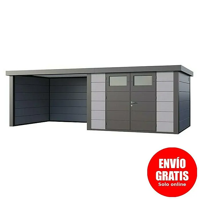 Telluria Caseta para jardín Classico 3330 con salón a la izquierda - Medidas ext. (An x Pr): 692 x 318 cm, Acero, Gris claro/Antracita, Sin set - Una caseta de jardín espaciosa y gris con dosel integrado, perfecta para guardar herramientas de jardín y bicicletas.