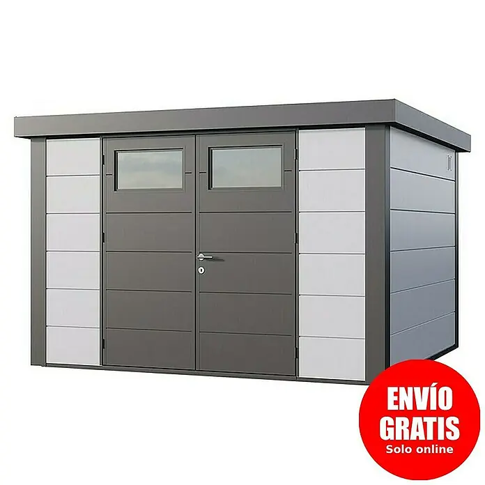 Telluria Caseta para jardín Classico 3330 - Medidas ext. (An x Pr): 348 x 318 cm, Acero, Blanco/Antracita, Sin set - Imagen de una moderna caseta de jardín gris con puerta doble y ventanas.