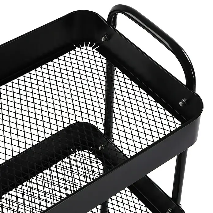 Versa Carro con ruedas - 30 x 46 x 76 cm, Acero, Negro - Primer plano de un carrito negro de metal con estantes de rejilla, perfecto para la cocina, el baño o la oficina. ¡Práctico y elegante!