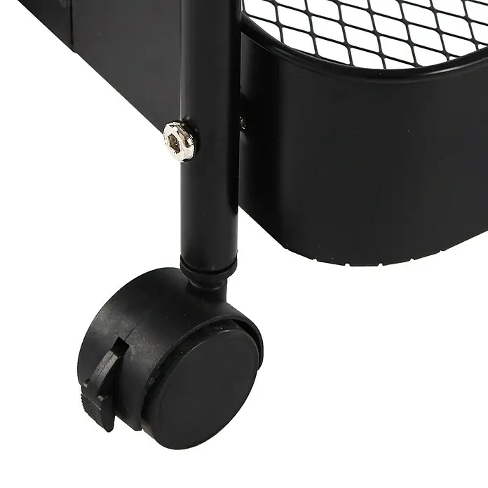 Versa Carro con ruedas - 30 x 46 x 76 cm, Acero, Negro - Detalle de un carrito negro con una rueda redonda negra y un elemento de fijación plateado. Es práctico y elegante para el hogar u oficina.