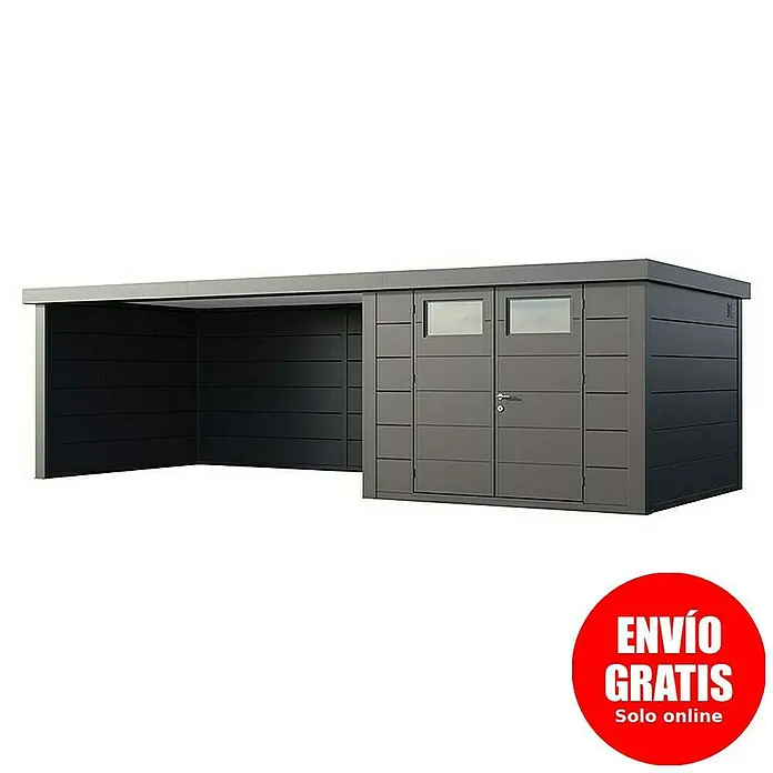 Telluria Caseta para jardín Classico 3330 con salón XL a la izquierda - Medidas ext. (An x Pr): 812 x 318 cm, Acero, Antracita, Sin set - Una caseta de jardín gris moderna con cochera integrada, que brinda amplio espacio de almacenamiento y protección para su vehículo o equipo de jardín.