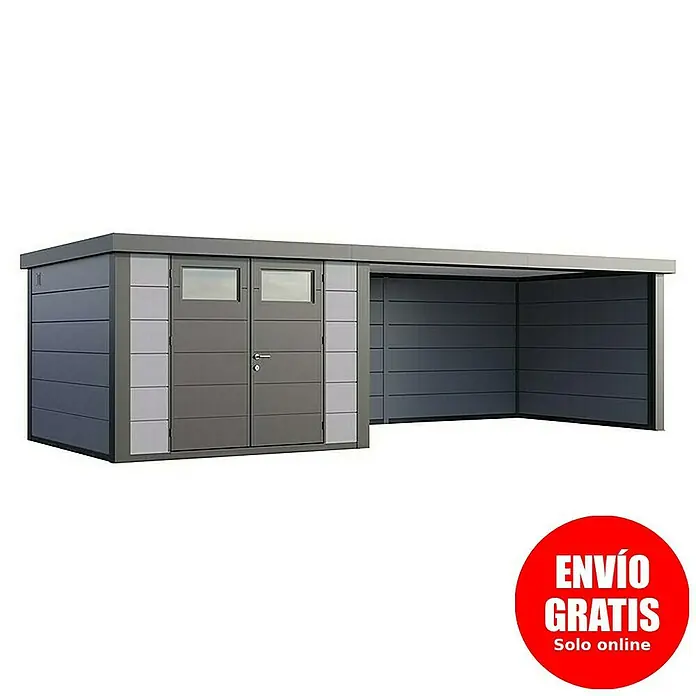 Telluria Caseta para jardín Classico 3330 con salón XL a la derecha - Medidas ext. (An x Pr): 812 x 318 cm, Acero, Gris claro/Antracita, Sin set - Un cobertizo de jardín moderno con extensión en antracita y detalles en gris claro, ideal para cualquier jardín.