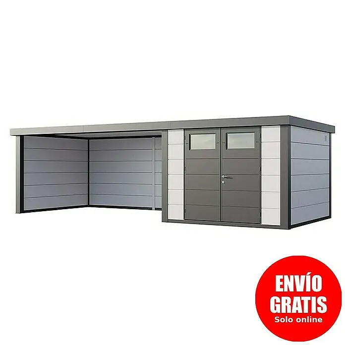 Telluria Caseta para jardín Classico 3030 con salón XL a la izquierda - Medidas ext. (An x Pr): 782 x 318 cm, Acero, Blanco/Antracita, Sin set - Imagen de una caseta de herramientas moderna con carport integrado en gris y blanco. Solución de almacenamiento práctica para el jardín.