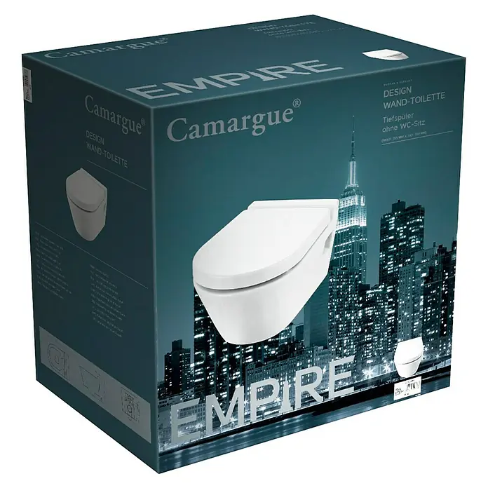 Camargue Empire Wand-WC - Mit Spülrand, Ohne Spezialglasur, Spülform: Tief, WC Abgang: Waagerecht, Weiß - Ein Camargue Empire Wand-WC Paket, das ein modernes, wandhängendes Design-WC ohne WC-Sitz zeigt.
