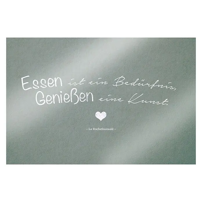 CUCINE Küchenrückwand - Essensgenuss, 60 x 40 cm, Stärke: 6 mm, Einscheibensicherheitsglas (ESG) - Ein dekoratives Wandbild mit einem inspirierenden Zitat über Essen und Genuss, verziert mit einem Herz.