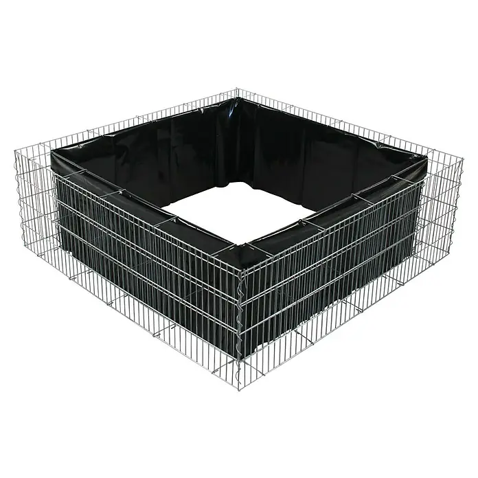 Bellissa Hochbeet 4-Eck - 120 x 120 x 40 cm, Metall - Hier ist ein Gabionen-Pflanzkasten mit einer schwarzen Auskleidung. Der Pflanzkasten ist aus Drahtgitter gefertigt und hat eine quadratische Form.