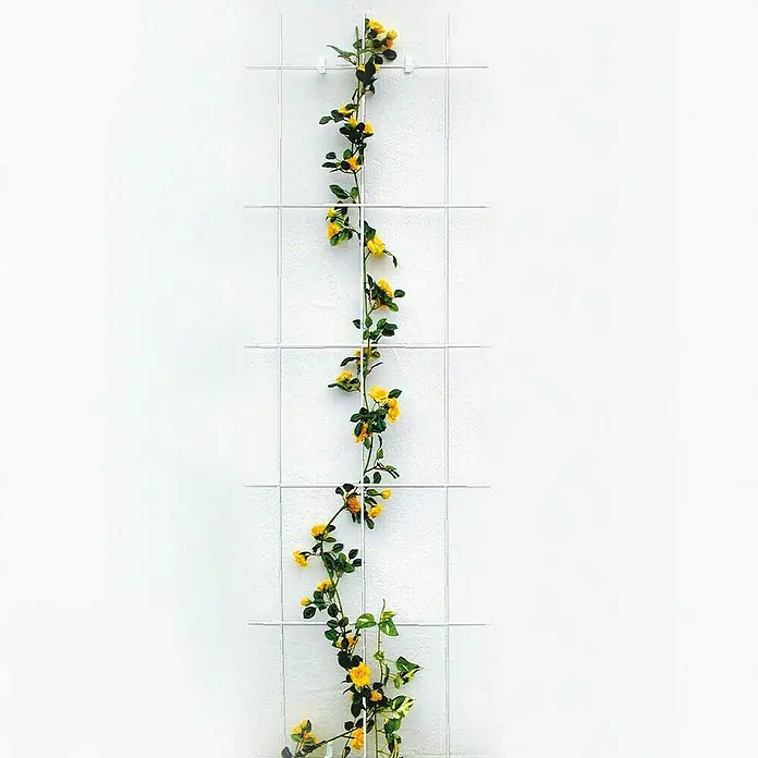 Bellissa Wandspalier - 45 x 150 cm, Materialstärke: 5 mm, Anzahl Streben: 3 Stk., Weiß - Eine Nahaufnahme einer gelben Blumenranke, die an einem weißen Gitter befestigt ist. Die Ranke windet sich anmutig nach oben.