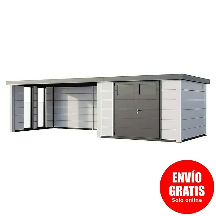 Telluria Caseta para jardín Classico 3030 con salón XL a la izquierda y 2 ventanas - Medidas ext. (An x Pr): 782 x 318 cm, Acero, Blanco, Sin set - Imagen de un cobertizo moderno con extensión lateral y puerta doble. Ideal para guardar herramientas de jardín y muebles.
