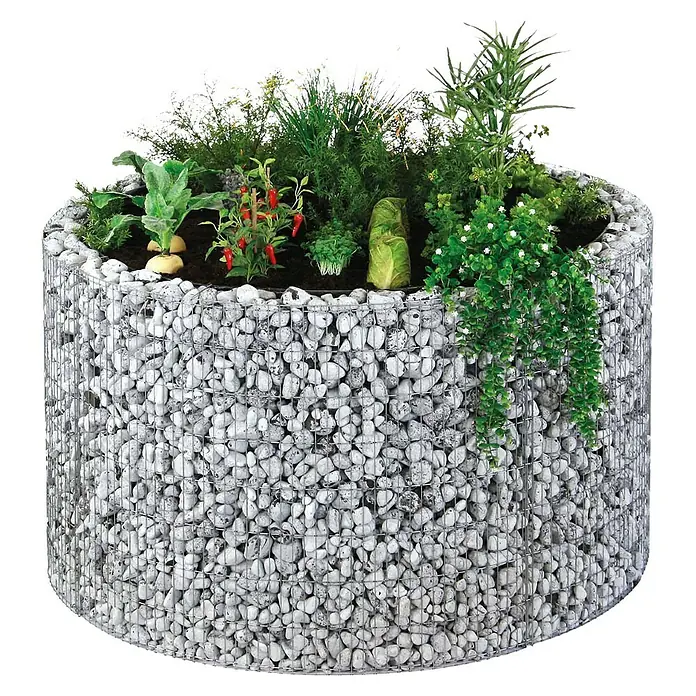 Bellissa Hochbeet - 146 x 80 cm, Metall - Gabionen-Hochbeet bepflanzt mit Gemüse und Kräutern. Der Steinkorb ist mit hellen Steinen gefüllt und bietet eine dekorative Optik.