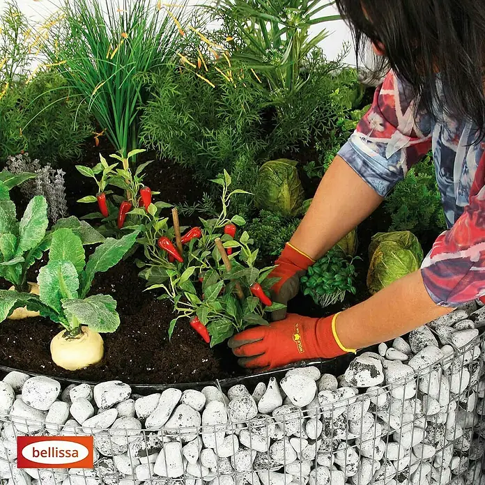 Bellissa Hochbeet - 146 x 80 cm, Metall - Frau bepflanzt ein Hochbeet mit Gabionenwand und Kräutern. Das "bellissa"-Hochbeet bietet Platz für Gemüse und Kräuter im Garten.