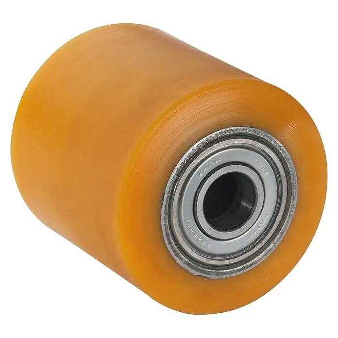 Dörner & Helmer Stahlrad - Einbaumaß: 66 mm, Durchmesser Rollen: 85 mm, ZV-Lager, Material Reifen: Dohetan - Nahaufnahme eines Polyurethan-Rades mit Kugellager, ideal für Anwendungen, die eine hohe Tragfähigkeit und Laufruhe erfordern.