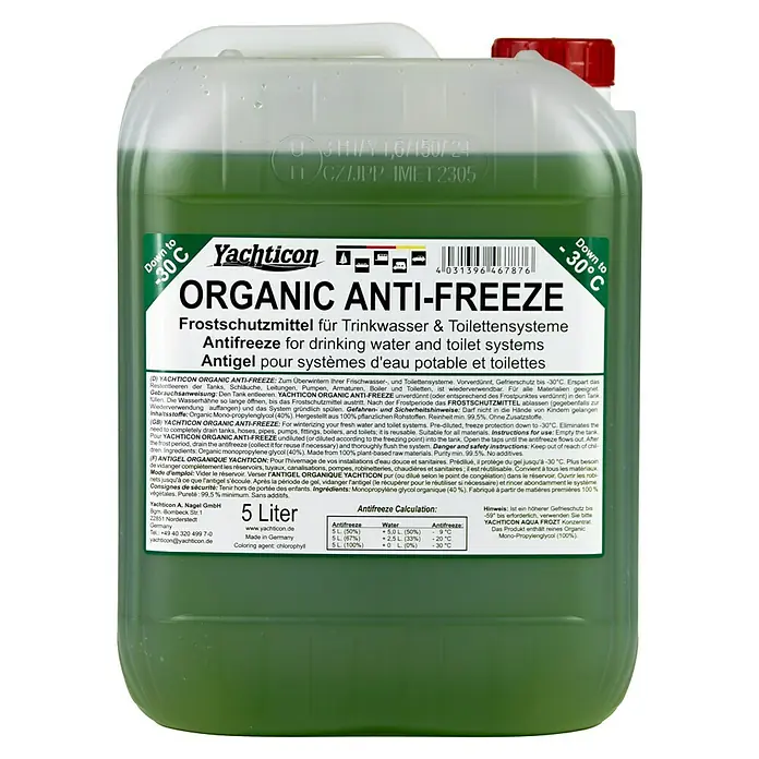 Yachticon Frostschutzmittel - 5 l - Abbildung eines 5-Liter-Kanisters Yachticon Organic Anti-Freeze, Frostschutzmittel für Trinkwasser- und Toilettensysteme.