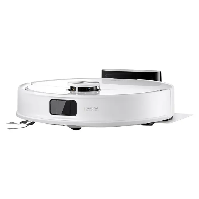 Roborock Robot aspirador con mopa Q10 VF White - Potencia de aspiración: 10.000 Pa, Duración de la batería: 150 min, Capacidad del robot: 500 ml, Blanco - Primer plano de un robot aspirador Roborock S8 Pro Ultra blanco, que muestra la avanzada tecnología de evitación de obstáculos Reactive Tech.