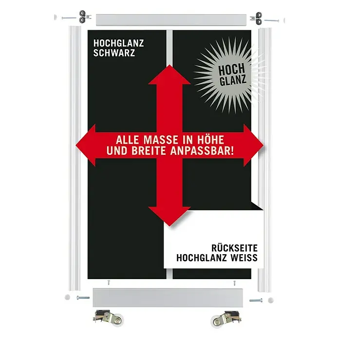 Room Plaza Easy Schiebetür-Bau-Set - Hochglanz Schwarz/Hochglanz Weiß, Farbe Beschlag: Silber - Darstellung einer hochglanzschwarzen und weißen Tür mit anpassbaren Maßen, geeignet für diverse Inneneinrichtungen.
