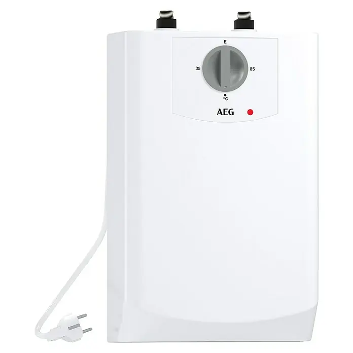 AEG Termo eléctrico KLE 5 U - 5 l, 2 kW, Baja presión, Montaje bajo mesa - Imagen de un calentador de agua AEG, con control de temperatura y un diseño blanco y sencillo.