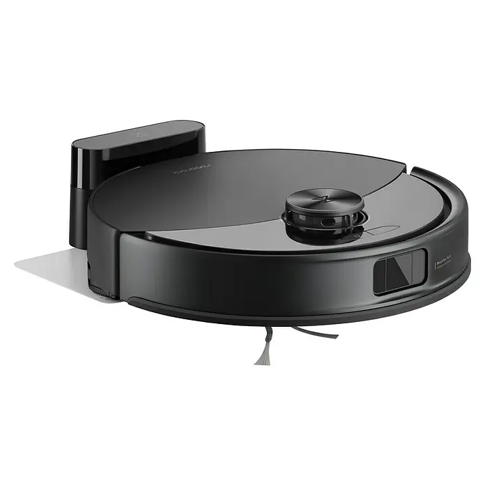 Roborock Saugwischroboter Q10 VF Black - Saugkraft: 10.000 Pa, Akkulaufzeit: 150 min, Fassungsvermögen Roboter: 500 ml, Schwarz - Abbildung eines Roborock Staubsaugers mit einer runden Form, einer schwarzen Farbe und einer glänzenden Oberfläche.