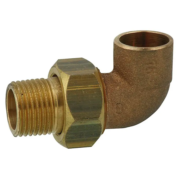 Winkelverschraubung 4098g - Durchmesser: 18 mm, Außengewinde: ½″, Metall - Abbildung eines Messing-Winkelstücks mit Gewindeenden, das in Sanitär- und Heizungsanlagen verwendet wird.