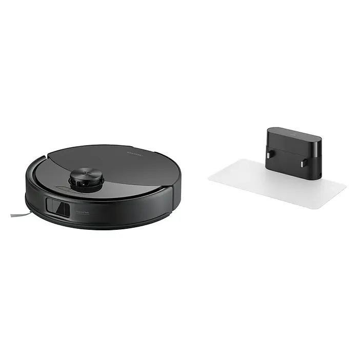 Roborock Saugwischroboter Q10 VF Black - Saugkraft: 10.000 Pa, Akkulaufzeit: 150 min, Fassungsvermögen Roboter: 500 ml, Schwarz - Bild eines schwarzen Roborock S8 Pro Ultra Staubsaugerroboters und seiner Ladestation.