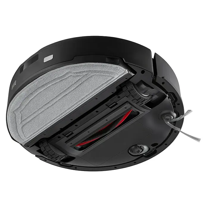 Roborock Saugwischroboter Q10 VF Black - Saugkraft: 10.000 Pa, Akkulaufzeit: 150 min, Fassungsvermögen Roboter: 500 ml, Schwarz - Detailaufnahme der Unterseite eines Roboterstaubsaugers, der eine Bürste und einen Mopp zur Reinigung zeigt.