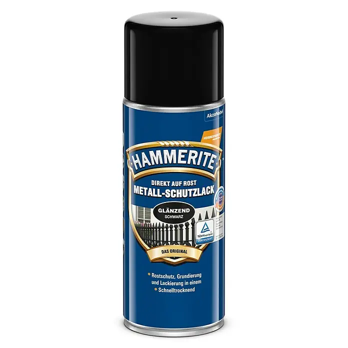 Hammerite Metall-Schutzlack - Schwarz, 400 ml, Glänzend, Lösemittelbasiert - Sprühdose Hammerite Metall-Schutzlack, direkt auf Rost, glänzend schwarz, für optimalen Schutz und ein hochwertiges Finish.