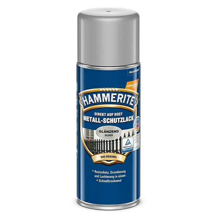 Hammerite Metall-Schutzlack - Silber, 400 ml, Glänzend, Lösemittelbasiert - Hammerite Metall-Schutzlack Spraydose in Silber glänzend für direkten Rostschutz, Grundierung und Lackierung in einem, schnelltrocknend.