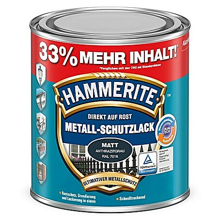 Hammerite Metall-Schutzlack (Anthrazitgrau, 1 l, Matt, Lösemittelhaltig)