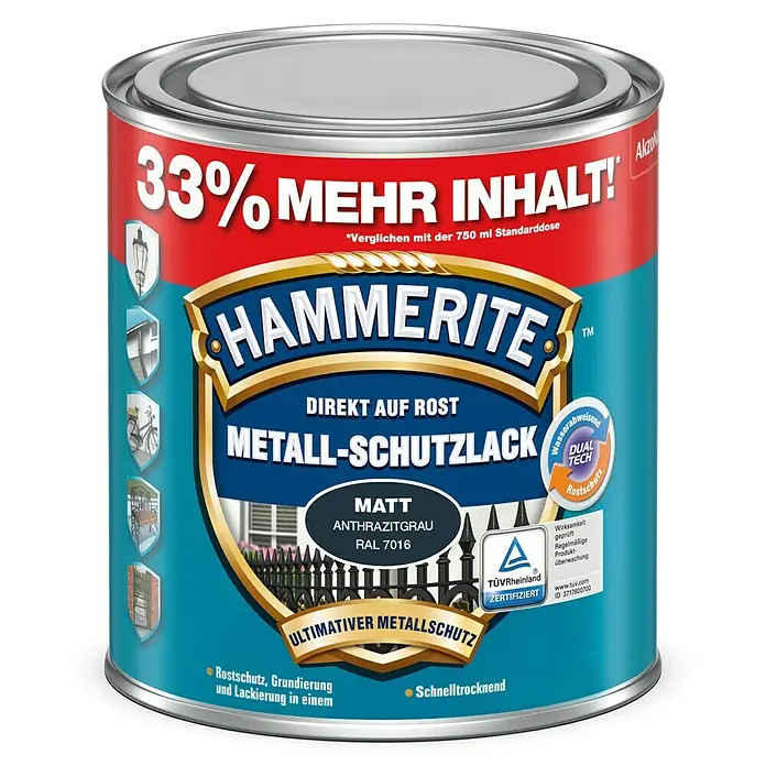 Hammerite Metall-Schutzlack - Anthrazitgrau, 1 l, Matt, Lösemittelbasiert - Dose Hammerite Metall-Schutzlack in Anthrazitgrau. Ideal für direkten Rostschutz und schnelle Trocknung. Mit 33% mehr Inhalt.