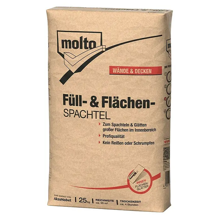 Molto Füllspachtel - 25 kg - Abbildung eines 25 kg Sackes Molto Füll- & Flächenspachtel für Wände und Decken, ideal zum Glätten von Innenflächen.