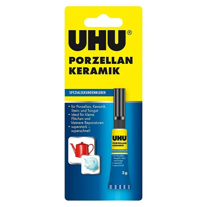 UHU Sekundenkleber Porzellan/Keramik - Flüssig, Tube, 3 g - Abbildung des UHU Porzellan Keramik Spezialsekundenklebers, ideal zum Kleben von Porzellan, Keramik, Stein und Tongut.