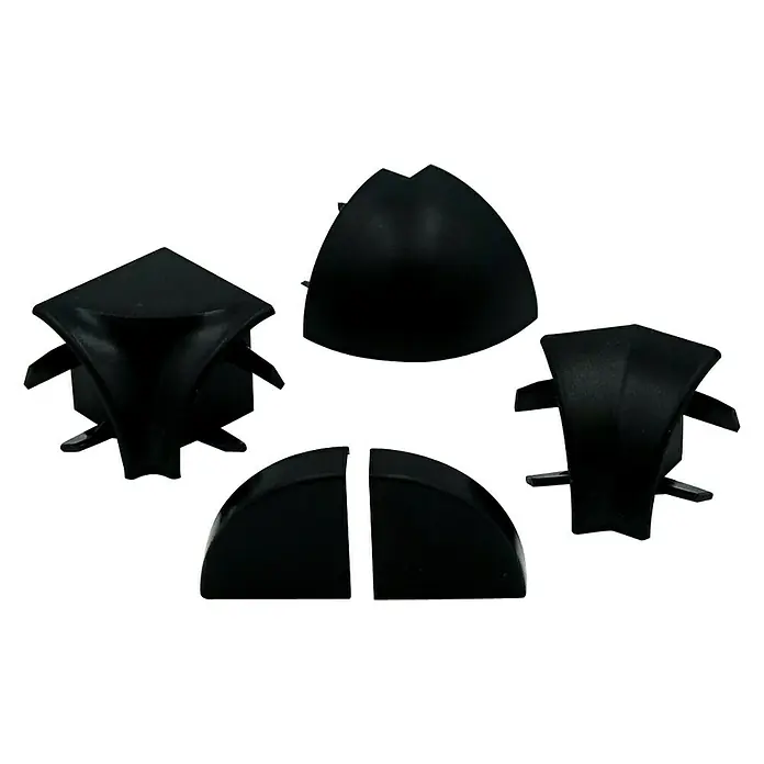 Kantoflex Zubehör-Set Topline - 6 -tlg. - Schwarze Kunststoff-Eckverbinder für verschiedene Anwendungen. Die Eckverbinder sind in unterschiedlichen Formen erhältlich.