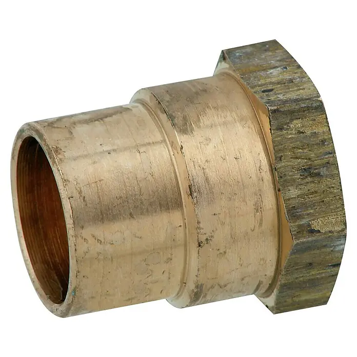 Übergangsmuffe 4270g - Innengewinde: ⅜″, Durchmesser: 12 mm - Nahaufnahme eines Messing-Rohrnippels mit sechseckigem Ende, der für Sanitär- oder industrielle Anwendungen verwendet wird.
