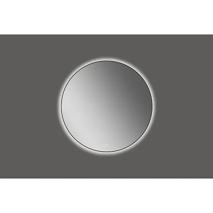 Lichtspiegel Emma - 70 x 70 cm, Durchmesser: 70 cm, Schwarz, Sensor - Runder LED-beleuchteter Spiegel mit schmalem Rahmen und einem kleinen runden Sensor-Schalter. Ideal für Badezimmer und Schlafzimmer.