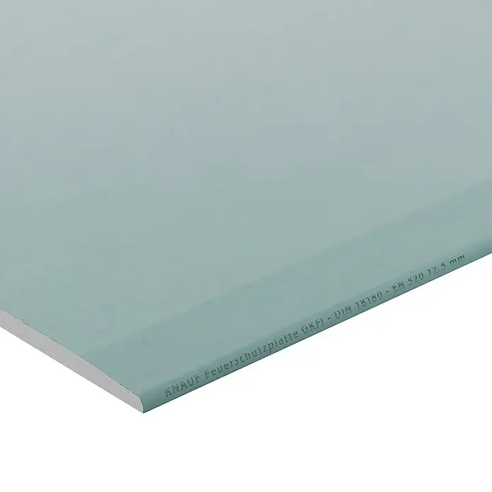 Knauf Feuerschutzplatte GKFI - 2.000 x 1.250 x 12,5 mm, Imprägniert - Nahaufnahme einer Knauf Feuerschutzplatte GKFI, ideal für Brandschutz im Innenausbau.