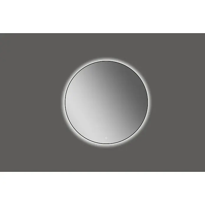 Lichtspiegel Emma - 60 x 60 cm, Durchmesser: 60 cm, Schwarz, Sensor - Runder Badspiegel mit LED-Beleuchtung an einer grauen Wand. Minimalistisches Design für moderne Badezimmer.