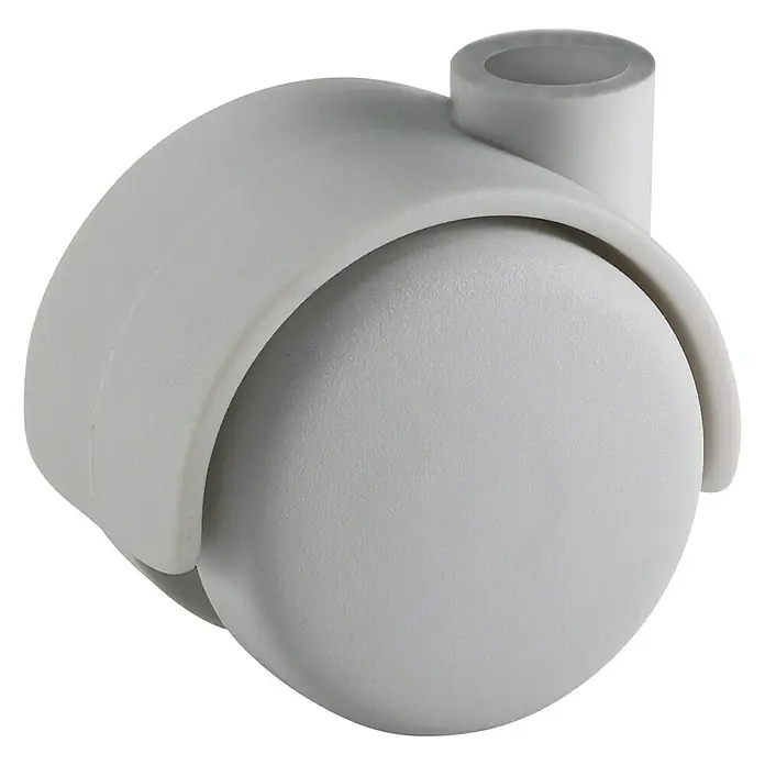 Stabilit Doppelrolle - Durchmesser Rollen: 40 mm, Durchmesser Rückenloch: 8 mm - Nahaufnahme einer grauen Möbelrolle mit runder Kugel und Befestigungsstift. Ideal für Bürostühle und andere bewegliche Möbel.