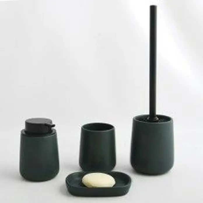 MSV Maonie Portacepillos - Ø x Al: 8,5 x 10 cm, Cerámica, Verde oscuro - Juego de baño verde oscuro con dosificador de jabón, vaso, jabonera con jabón y escobilla de baño. Elegante y práctico para cualquier baño.