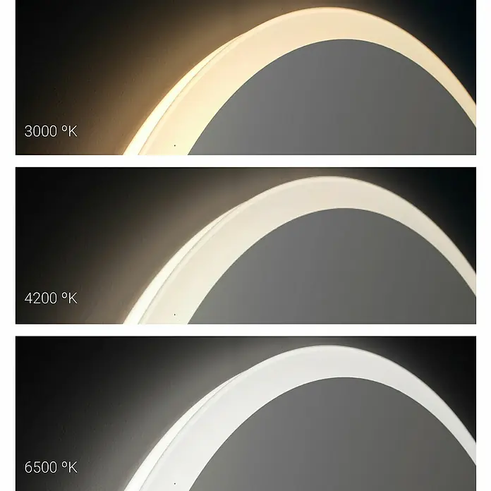 Lichtspiegel Beth - 60 x 60 cm, Durchmesser: 60 cm, Silber, Sensor - Vergleich der Farbtemperatur von LED-Leuchten: 3000K, 4200K und 6500K.