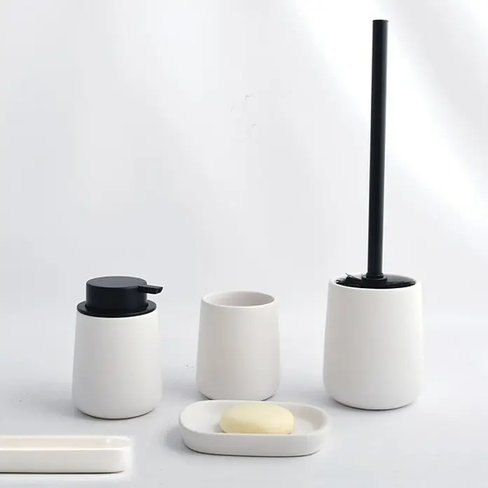 MSV Maonie Dispensador de jabón - L x An x Al: 85 x 85 x 126 cm, Cerámica, Blanco - Elegante juego de baño en blanco y negro. Dosificador de jabón, vaso, jabonera y escobilla de baño para un baño elegante.