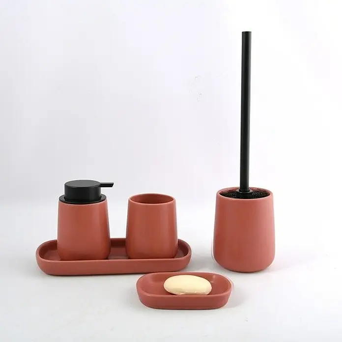 MSV Maonie Portacepillos - Ø x Al: 8,5 x 10 cm, Cerámica, Terracotta - Juego de baño cerámico en terracota con dispensador de jabón, vaso, jabonera y escobilla para un baño elegante.