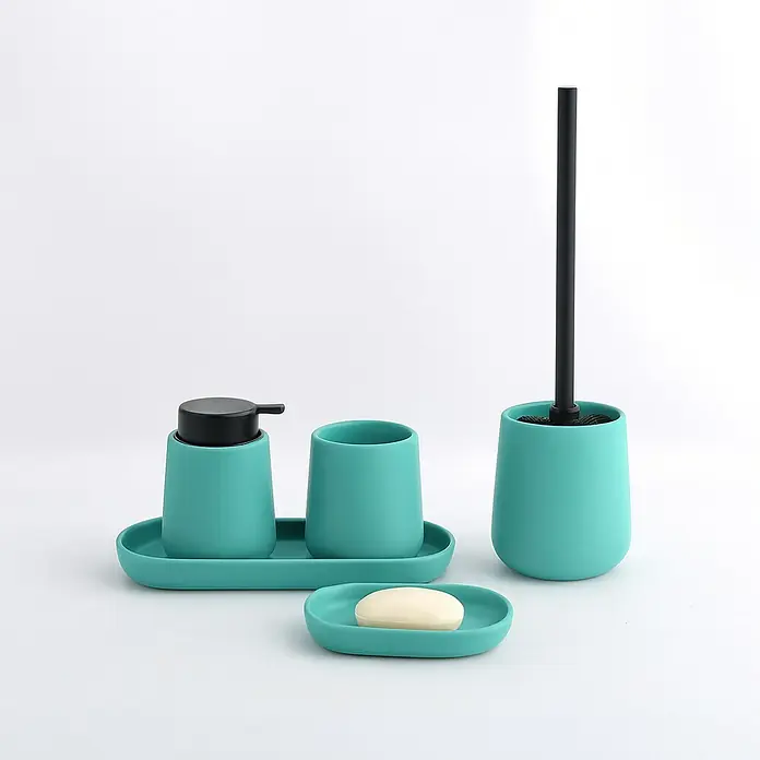 MSV Maonie Dispensador de jabón - L x An x Al: 85 x 85 x 126 cm, Cerámica, Aqua - Set de baño turquesa con dispensador de jabón, vaso para cepillos, jabonera y escobillero.
