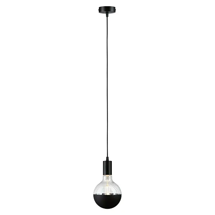 Paulmann URail LED-Pendelleuchte Tyros - 5,5 W, Ø x H: 10 x 10,3 cm, RGBW, Signalweiß - Nahaufnahme einer Pendelleuchte mit schwarzem Lampenschirm und hellem Licht, die ein modernes und stilvolles Design zeigt.