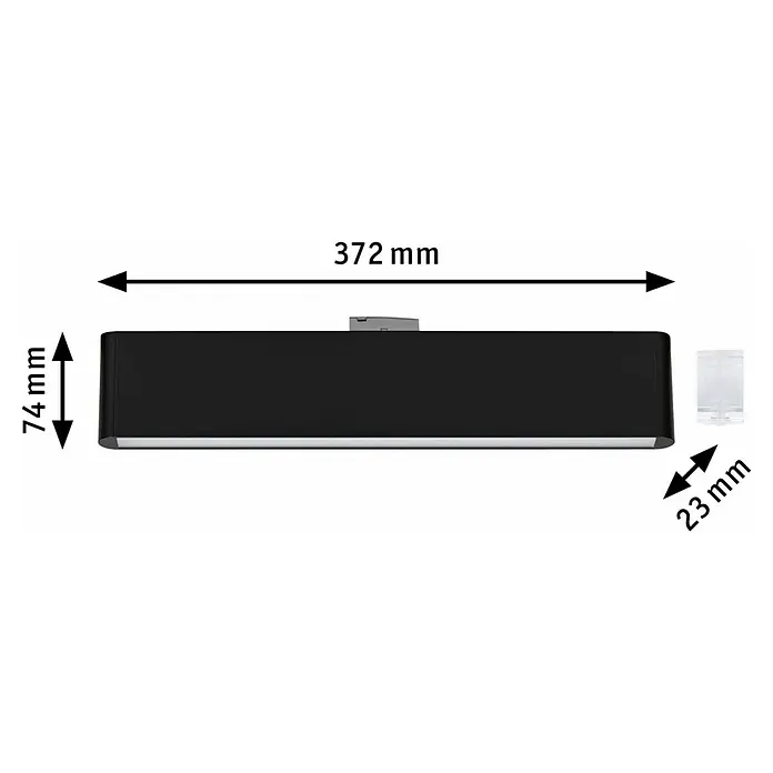 Paulmann URail LED-Lichtleiste Zelos - L x B x H: 2,3 x 37,2 x 7,4 cm, Lichtfarbe: Warmweiß, Schwarz matt - Eine schwarze Wandleuchte mit den Maßen 372 mm (Länge), 74 mm (Höhe) und 23 mm (Tiefe) wird in dieser Produktansicht gezeigt.