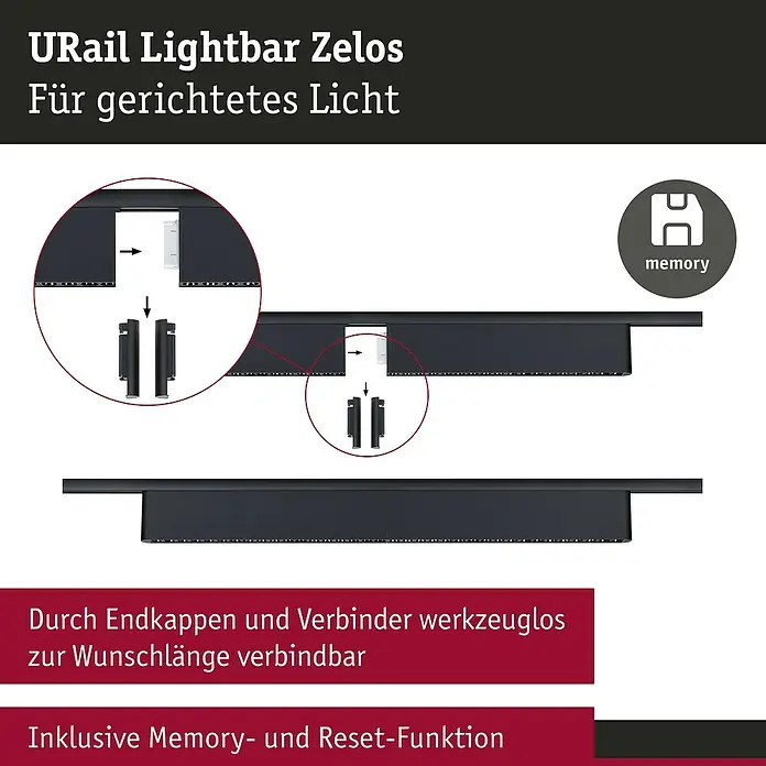 Paulmann URail LED-Lichtleiste Ceris - L x B x H: 2,3 x 37,2 x 7,4 cm, Lichtfarbe: Neutralweiß, Schwarz matt, 4.000 K - Produktbild einer URail Lightbar Zelos zur gezielten Beleuchtung, die durch Endkappen und Verbinder werkzeuglos zur Wunschlänge verbunden werden kann.
