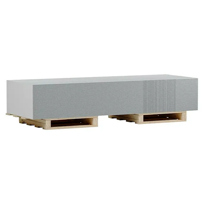 Knauf Gipskartonplatte Formplatte GKB - 2.500 x 900 x 6,5 mm - Gestapelte Gipskartonplatten auf Holzpaletten, ideal für den Innenausbau und Trockenbauarbeiten.