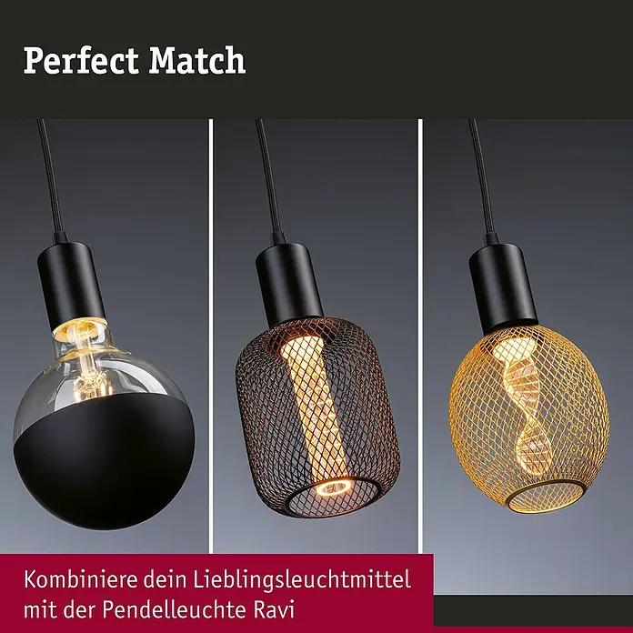 Paulmann URail LED-Pendelleuchte Tyros - 5,5 W, Ø x H: 10 x 10,3 cm, RGBW, Signalweiß - Drei Ansichten der Pendelleuchte Ravi, die verschiedene Leuchtmittel-Designs in Schwarz und Gold zeigt.