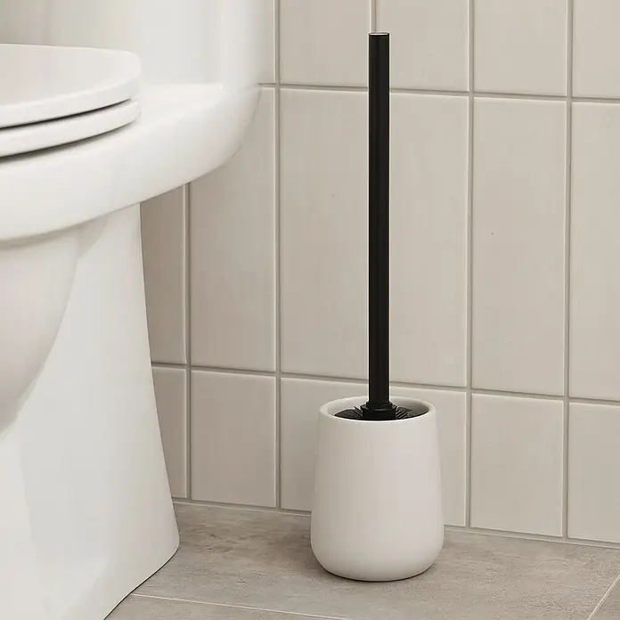 MSV Maonie Escobillero de suelo - Altura: 38,8 cm, Cerámica, Blanco - Un minimalista portacepillos de baño blanco con mango negro, situado junto a un inodoro en un baño.