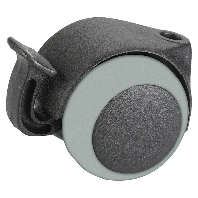 Stabilit Doppelrolle - Durchmesser Rollen: 50 mm, Traglast: 40 kg, Gleitlager, Mit Rückenloch und Feststeller, Durchmesser Rückenloch: 8 mm - Eine Nahaufnahme eines schwarzen Möbelrades mit einer grauen Gummierung, ideal für Bürostühle und andere Möbel.
