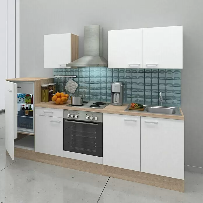 Respekta Composición de cocina Petunia - Ancho: 270 cm, Blanco, Horno Placa de cocción doble, campana extractora, frigorífico, fregadero empotrado, Con electrodomésticos - Una cocina modular con gabinetes blancos, encimera de madera clara, salpicadero de azulejos azul grisáceo, electrodomésticos de acero y una nevera pequeña.
