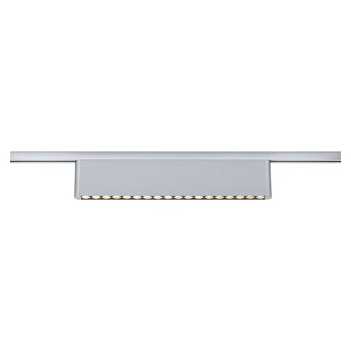 Paulmann URail LED-Lichtleiste Zelos - L x B x H: 2,3 x 37,2 x 7,4 cm, Lichtfarbe: Neutralweiß, Chrom matt - Die Nahaufnahme zeigt eine moderne LED-Deckenleuchte mit einer Reihe von kleinen, runden Lampen, die ein helles Licht ausstrahlen.